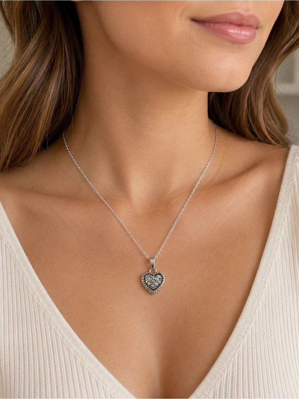 Retired Swarovski Crystal Heart Pendant Necklace 16” Silver Tone OOAK